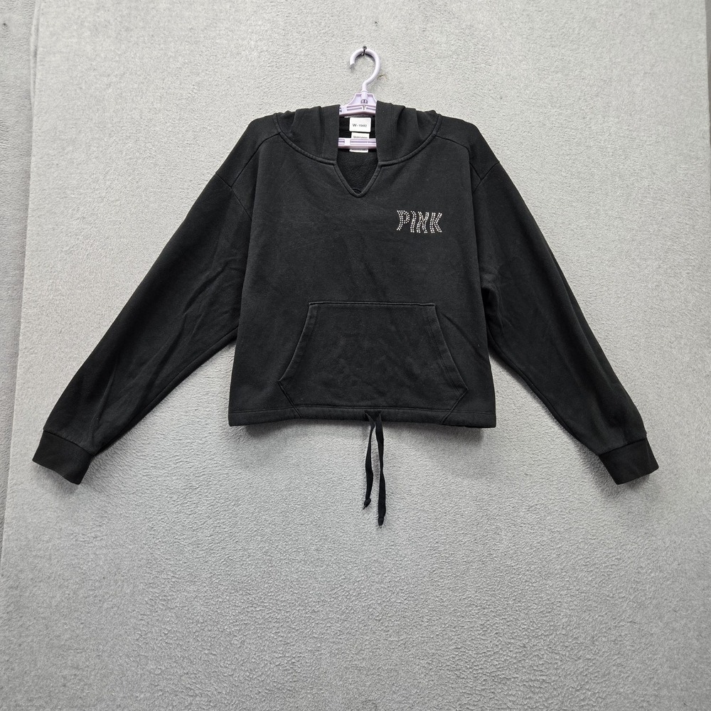 PINK Victoria's Secret Women Hoodie L Black Fleece Stud Logo Graphic‎